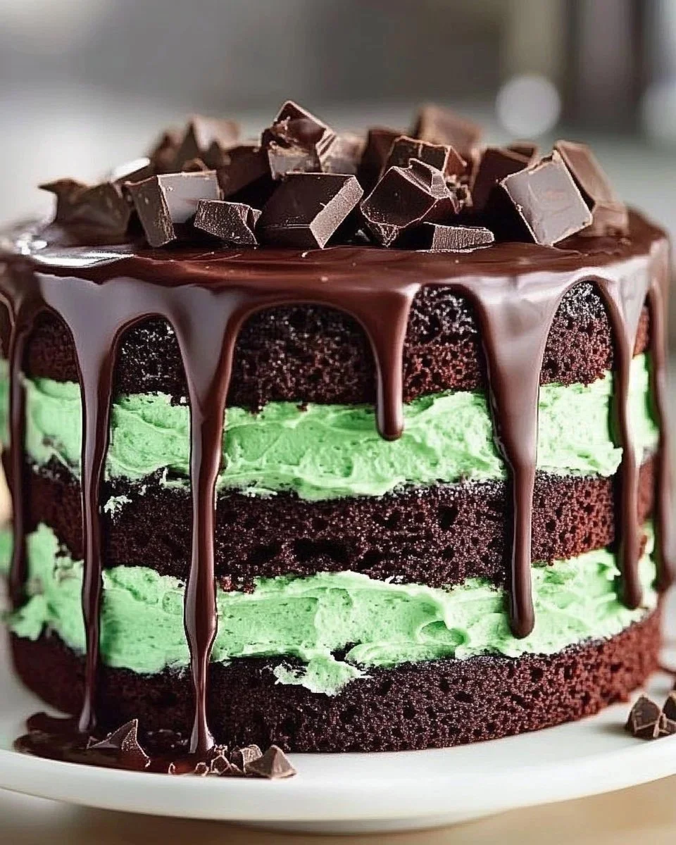 Decadent Mint Chocolate Layer Cake with mint frosting and chocolate ganache