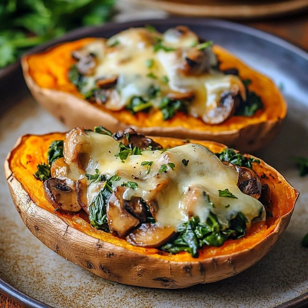 Mushroom spinach stuffed sweet potatoes beautifully plated on a rustic table.