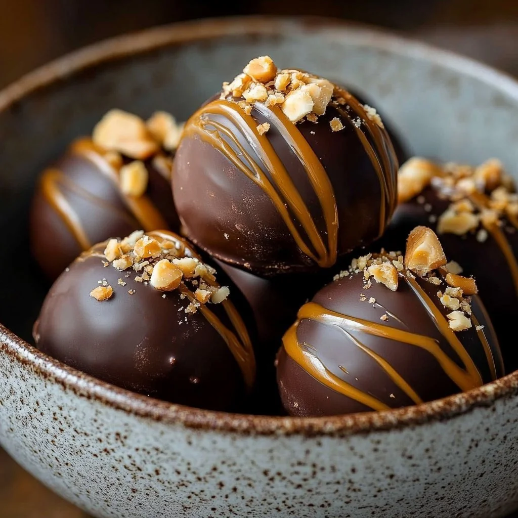 No-Bake Buckeye Chocolate Bites topped with chocolate frosting and nuts.