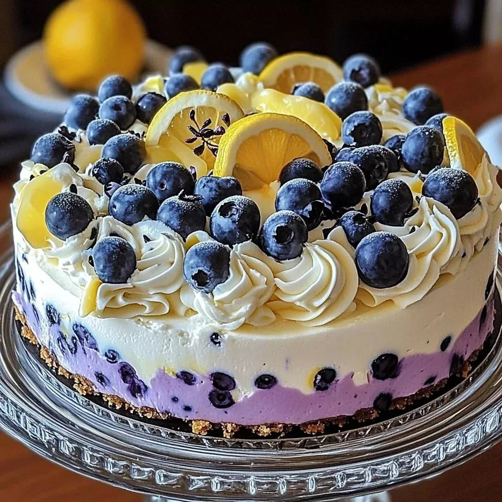 No-Bake Lemon Dazzling Blueberry Cream Cake topped with fresh blueberries and lemon zest.