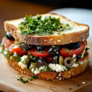 Olive tapenade sandwich with goat cheese on whole grain bread