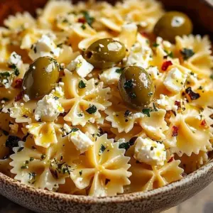 Delicious Pasta with Olives and Feta served in a bowl