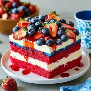 Patriotic Fourth of July Poke Cake topped with red, white, and blue decorations