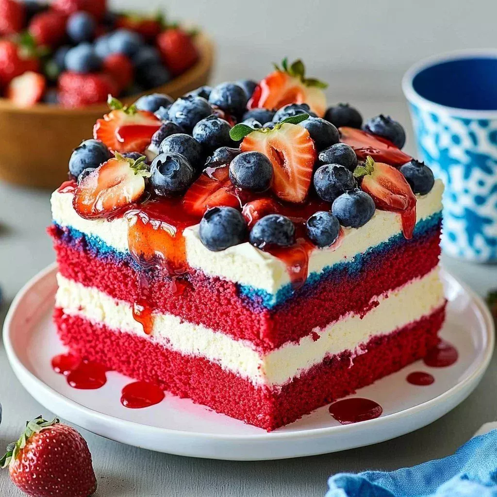 Patriotic Fourth of July Poke Cake topped with red, white, and blue decorations