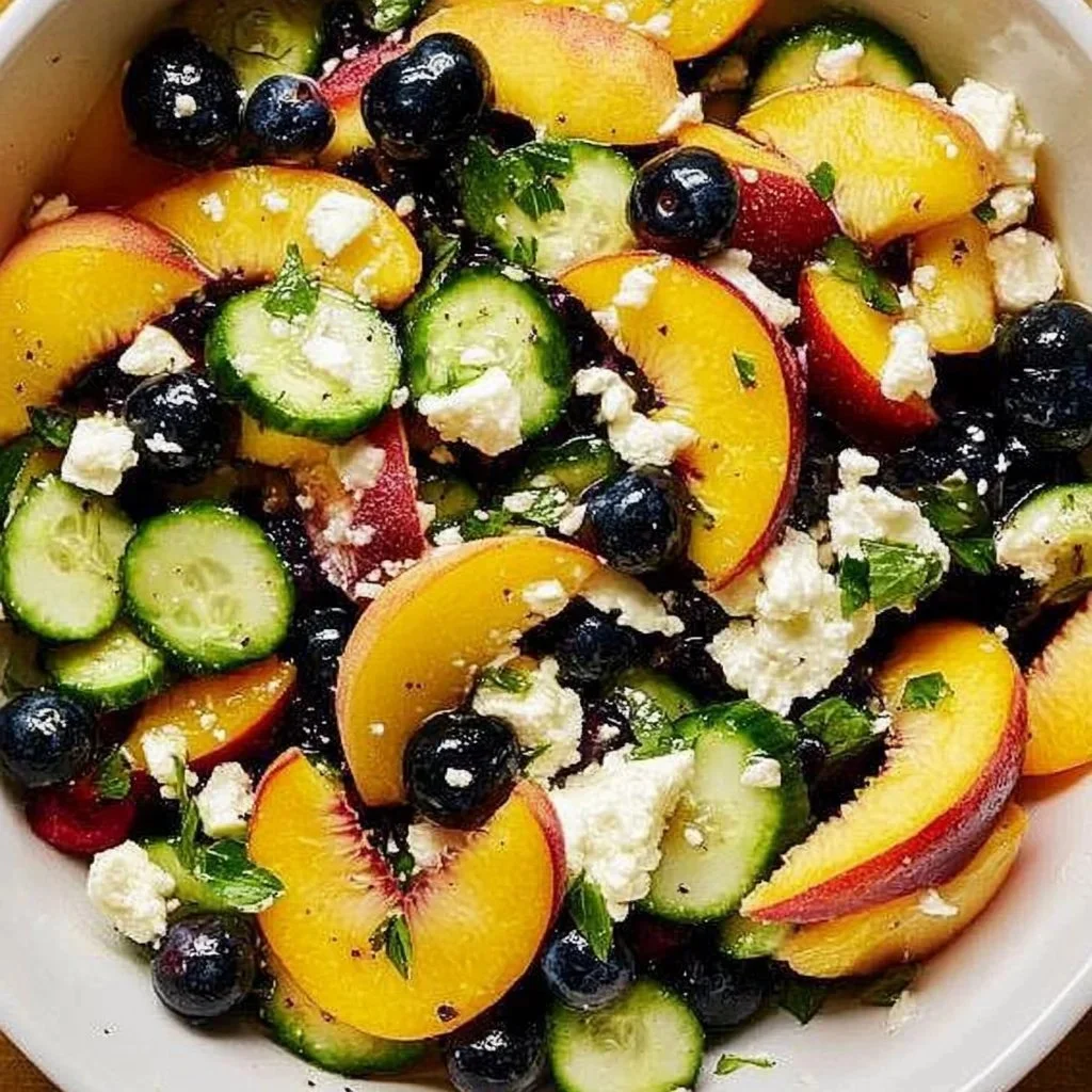 Peach Blueberry Feta Salad with fresh peaches, blueberries, and crumbled feta cheese