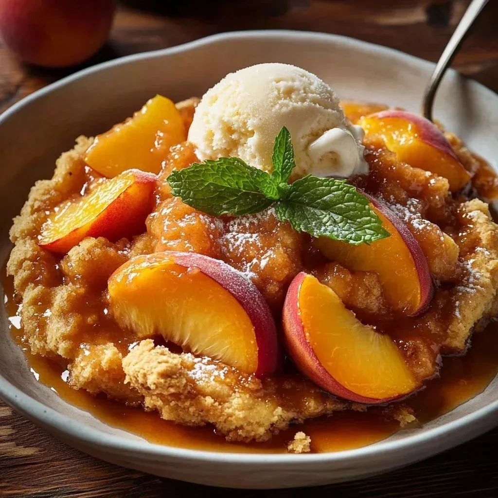 Delicious peach cobbler made from scratch served in a dish