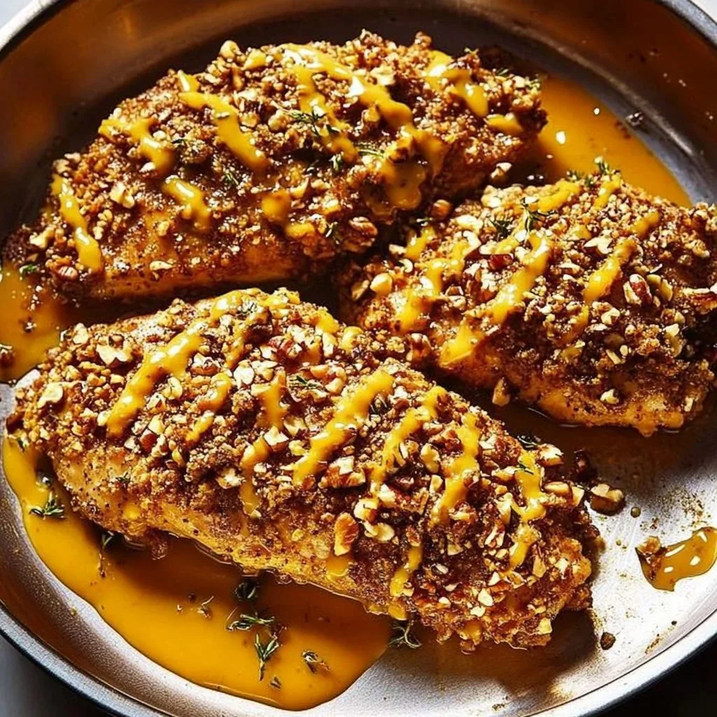 Pecan-Crusted Maple Chicken topped with pecans and drizzled with maple syrup.