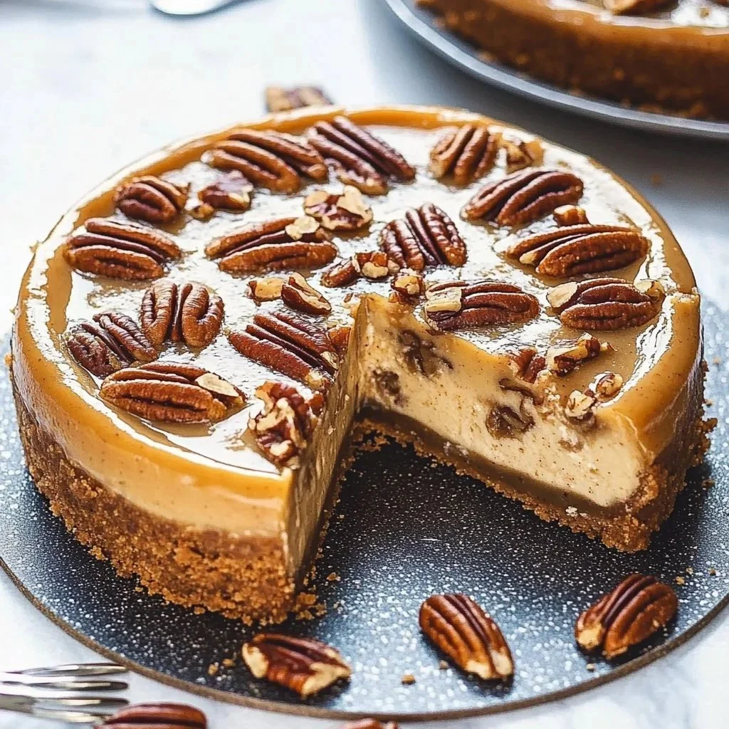 Delicious pecan pie cheesecake topped with caramelized pecans.