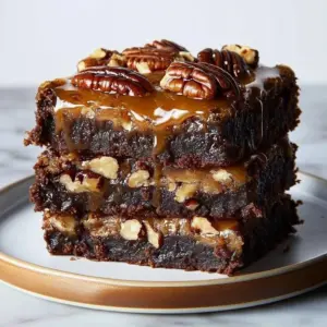 Delicious pecan pie swirl brownies topped with pecans and caramel drizzle.