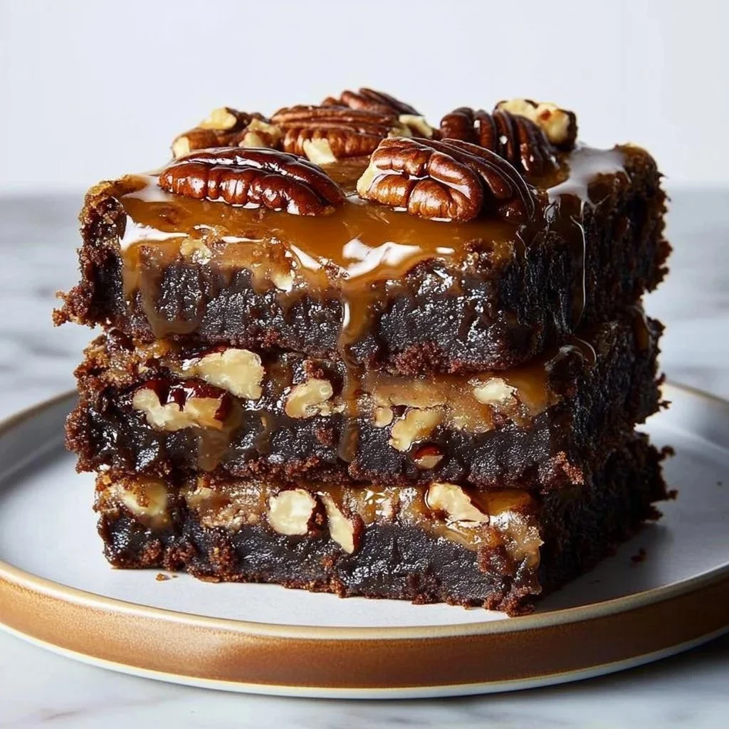 Delicious pecan pie swirl brownies topped with pecans and caramel drizzle.