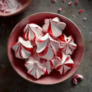 Plate of peppermint meringue treats, showcasing their delicate texture and festive colors.