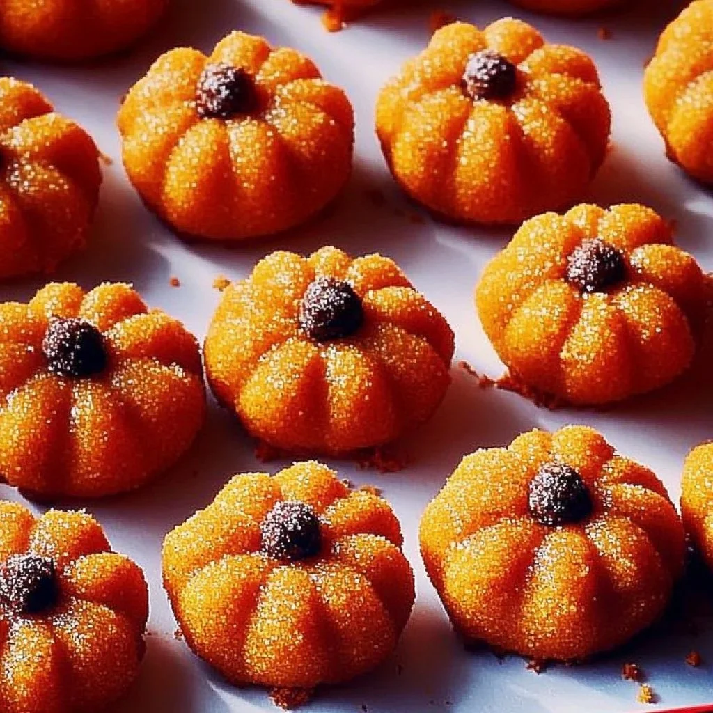 Petite pumpkin cheesecake bites on a decorative plate, ready to enjoy.