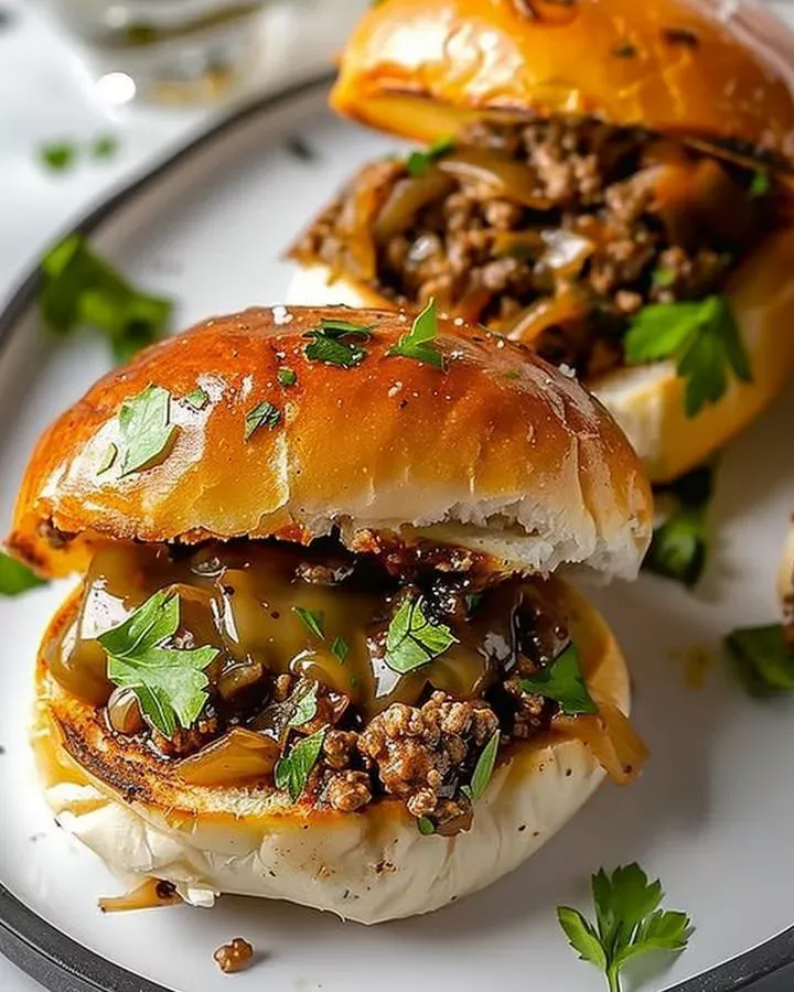 Philly cheesesteak sloppy joe served on a plate with toppings.