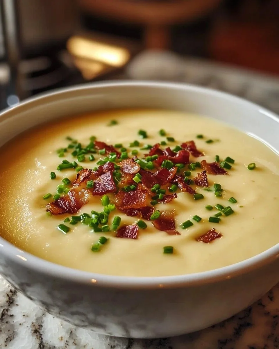 Bowl of Pioneer Woman's hearty potato soup topped with fresh herbs