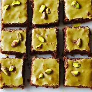 Decadent pistachio brownies topped with nuts and chocolate drizzle