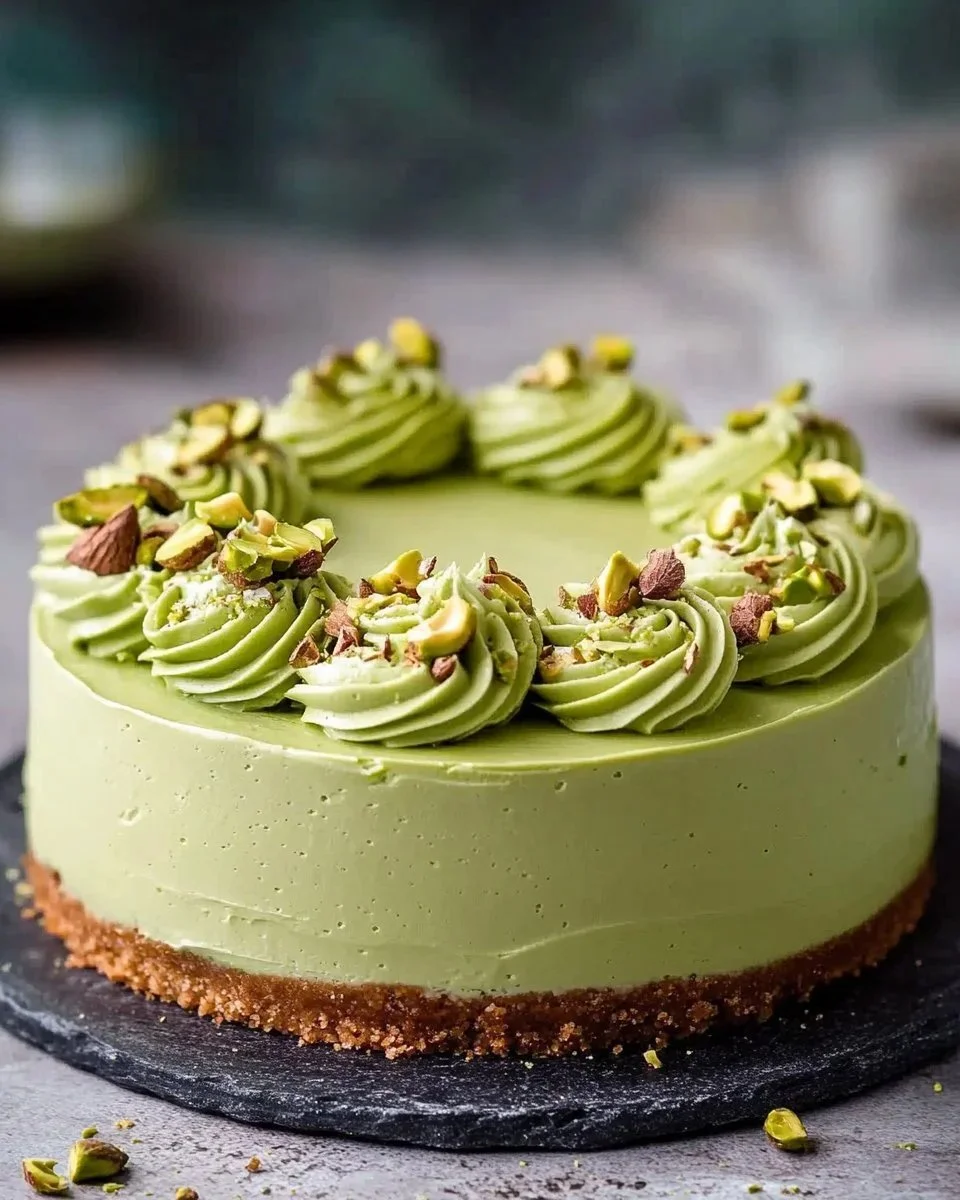 Delicious homemade pistachio cheesecake with a rich crust and creamy filling