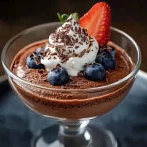 Bowl of protein-rich chocolate chia pudding topped with fresh berries