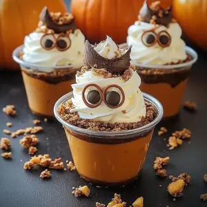 Pumpkin Patch Dessert Cups served in clear cups with whipped cream and chocolate.