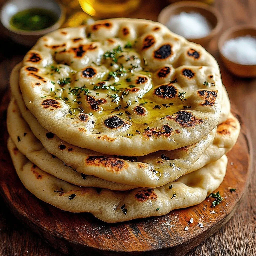 Freshly baked quick easy sourdough flatbread recipe served with herbs