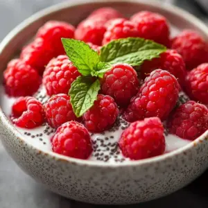 Delicious raspberry-chia vegan pudding in a bowl, topped with fresh raspberries.