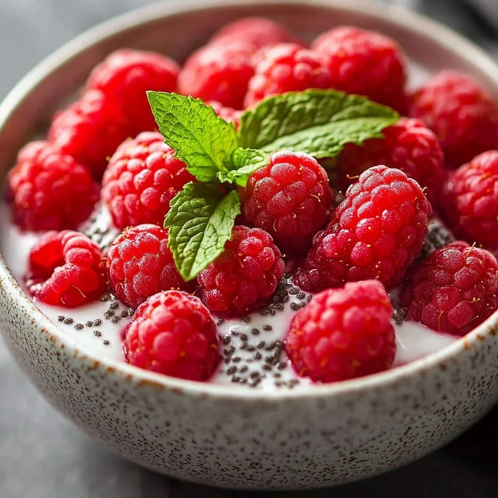 Delicious raspberry-chia vegan pudding in a bowl, topped with fresh raspberries.