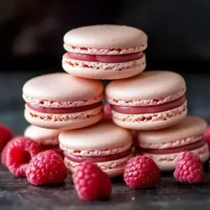 Delicious Raspberry Macarons displayed on a white plate.