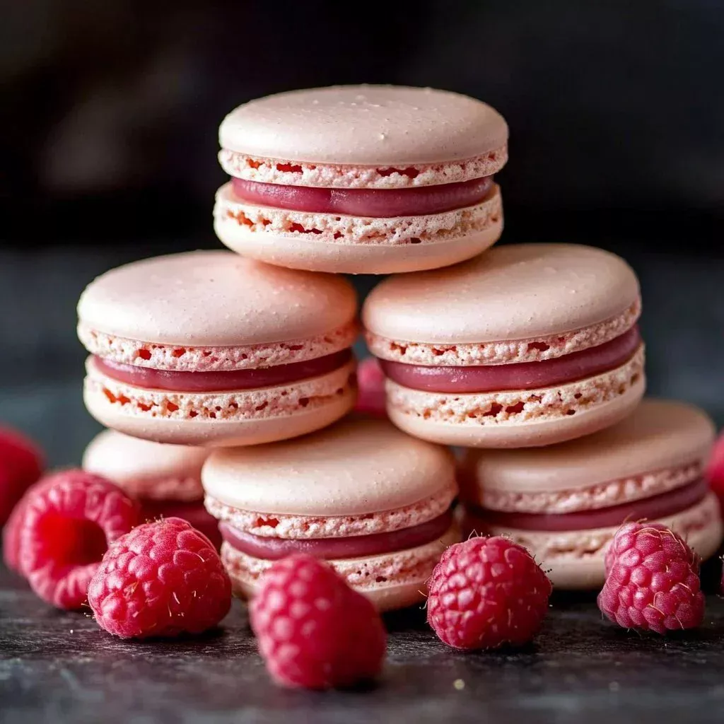 Delicious Raspberry Macarons displayed on a white plate.