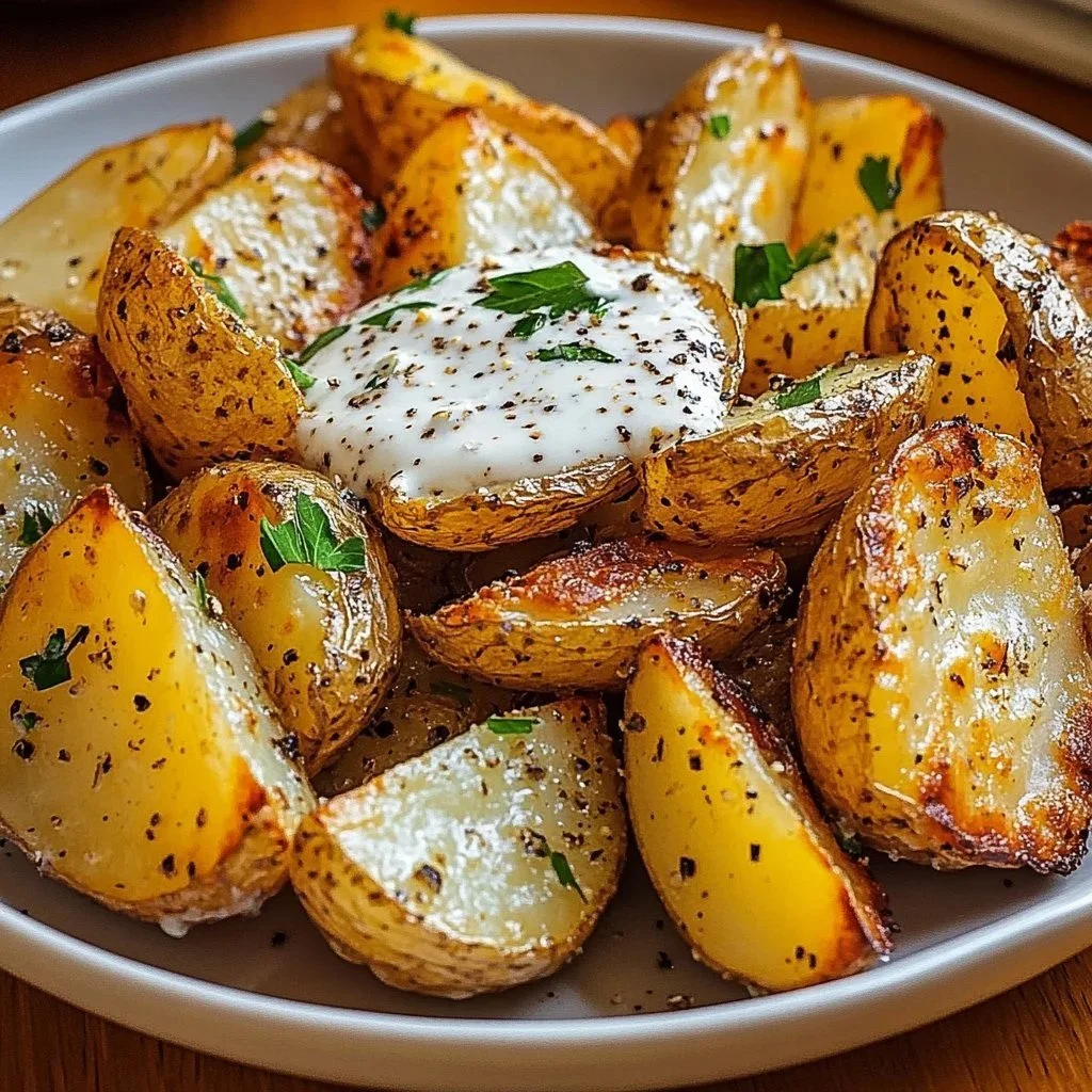 Roasted potatoes topped with melted goat cheese, served in a rustic dish.