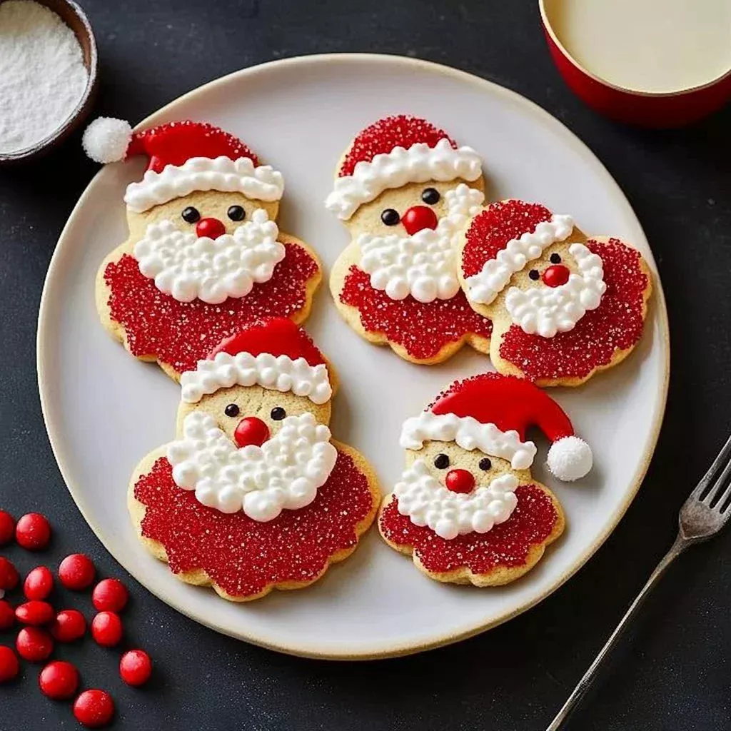 Deliciously decorated Santa cookies on a festive plate for Christmas celebration