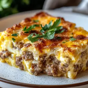 Sausage and Egg Bake served in a baking dish with herbs and cheese