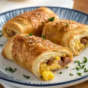 Sausage and egg breakfast rolls served on a plate, ready to enjoy.
