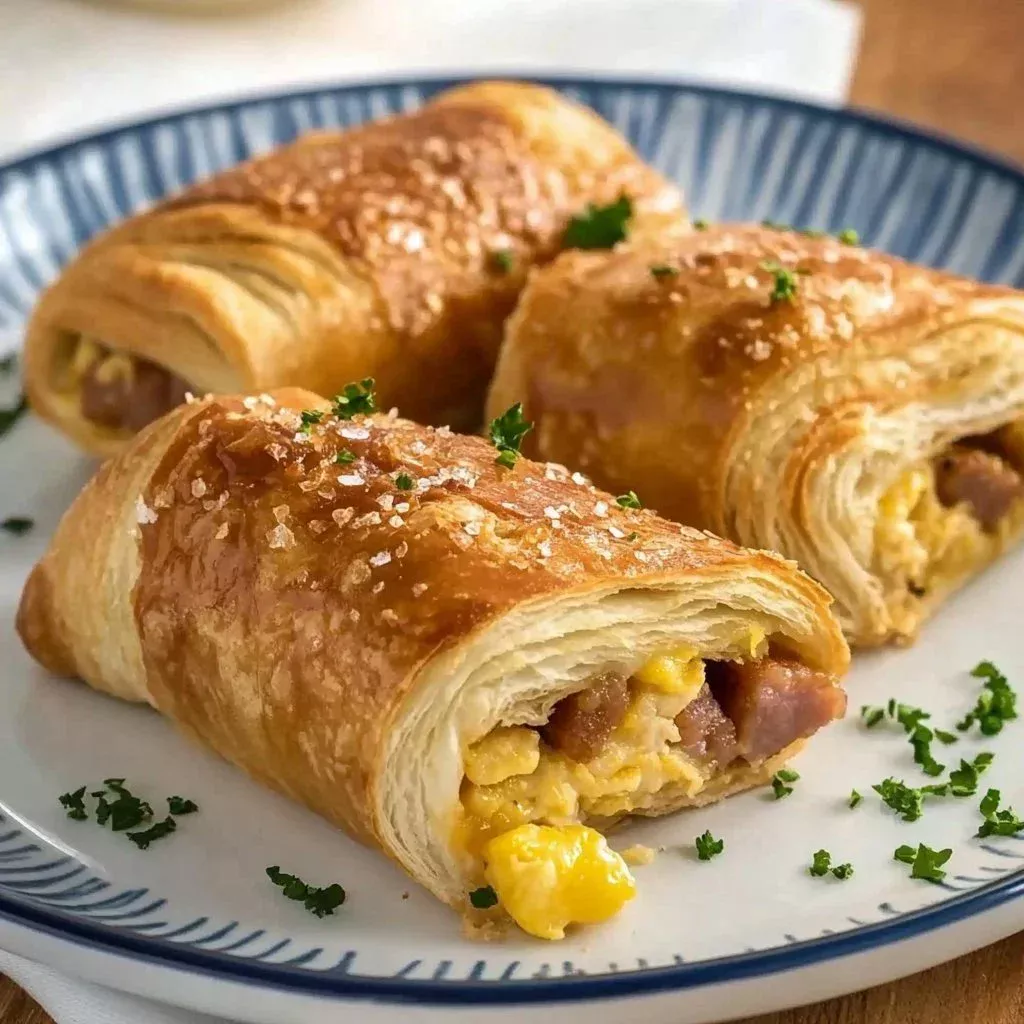 Sausage and egg breakfast rolls served on a plate, ready to enjoy.