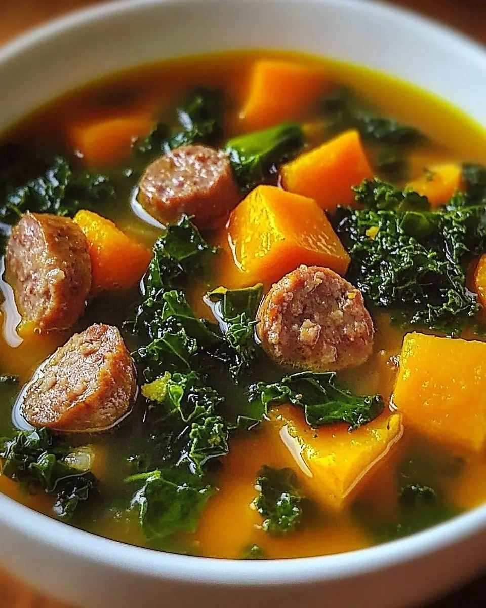 Delicious bowl of sausage kale soup with sweet potatoes, perfect for any cozy meal.