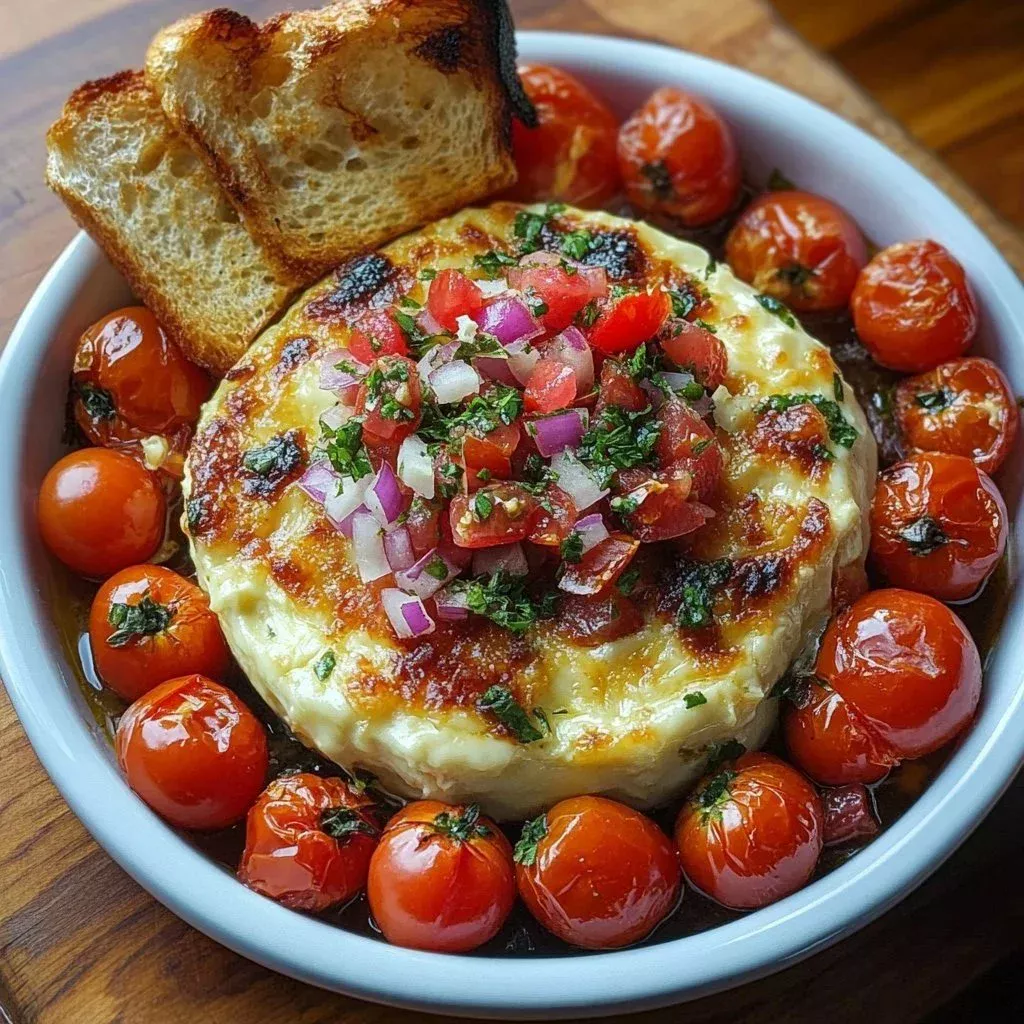 Savory creamy basil bruschetta dip served in a bowl with fresh basil garnish