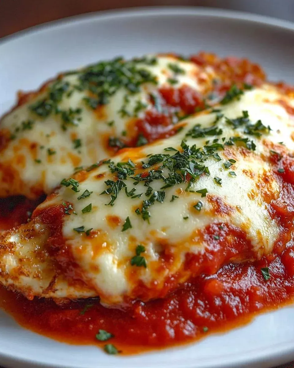 Plate of perfectly cooked chicken parmesan with marinara sauce and melted cheese