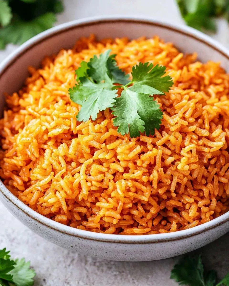 Bowl of Simple Mexican Rice garnished with cilantro and lime