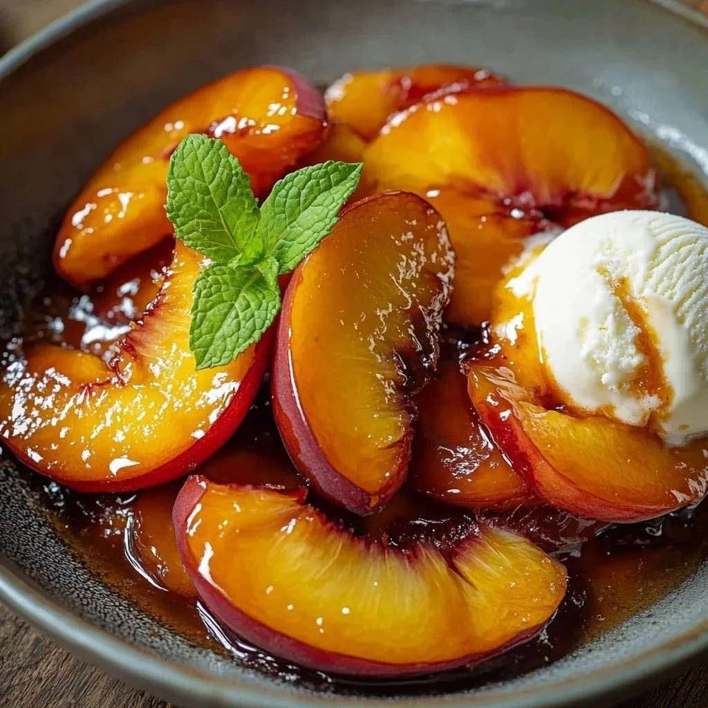 Delicious skillet caramel peaches topped with creamy ice cream.