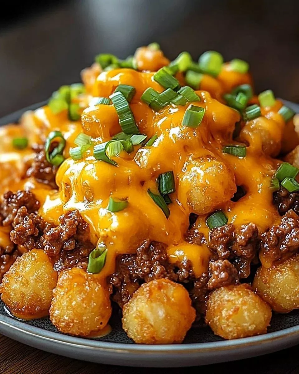 Skillet cheeseburger pasta topped with crispy tater tots in a creamy sauce