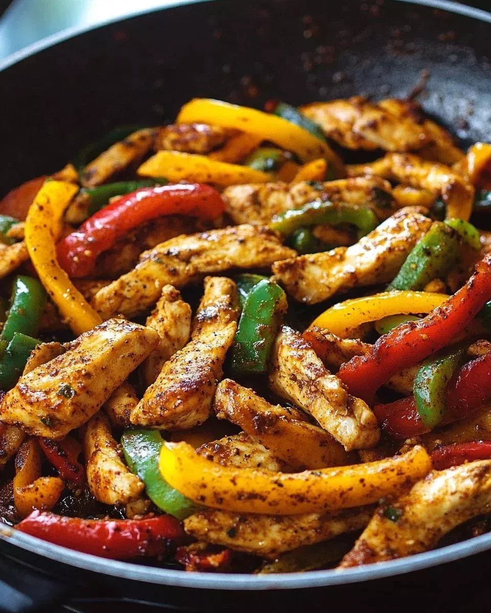 Skillet Chicken Fajitas for One served in a colorful cast iron skillet