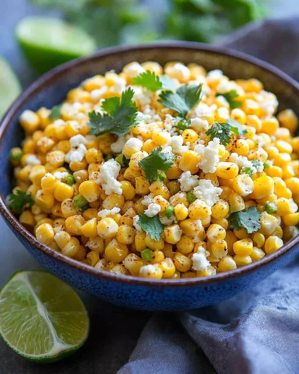 Skillet-Style Mexican Street Corn topped with cheese and spices