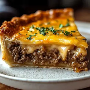 Delicious Southern Cheeseburger Pie ready to serve, showcasing layers of beef, cheese, and flaky pie crust.