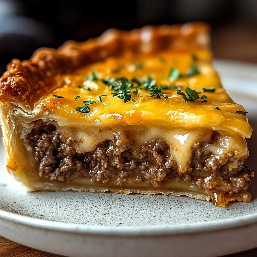 Delicious Southern Cheeseburger Pie ready to serve, showcasing layers of beef, cheese, and flaky pie crust.