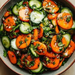 Spicy cucumber carrot salad in a bowl with fresh herbs