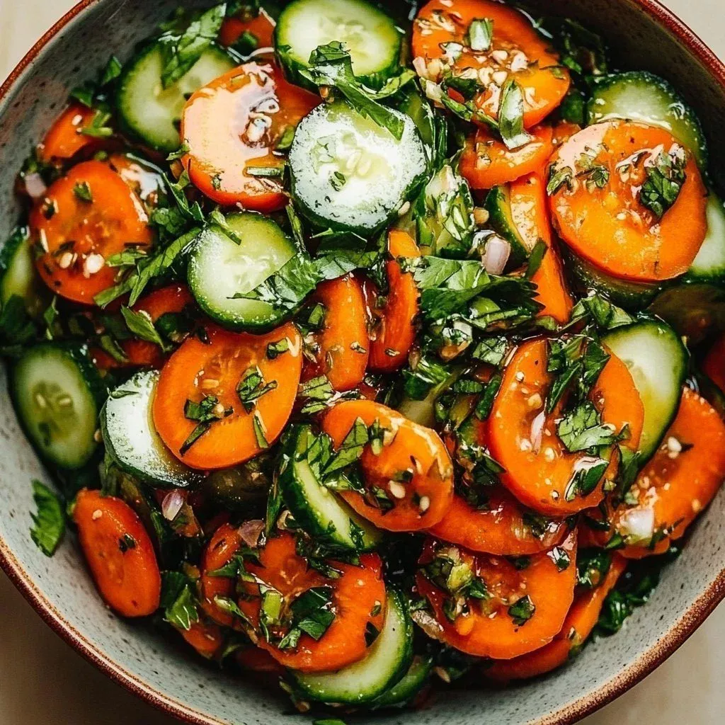Spicy cucumber carrot salad in a bowl with fresh herbs
