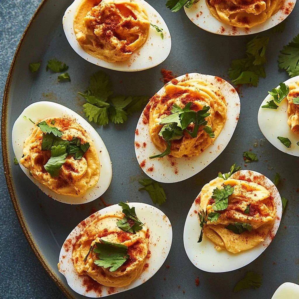 Spicy harissa deviled eggs topped with paprika and herbs on a plate