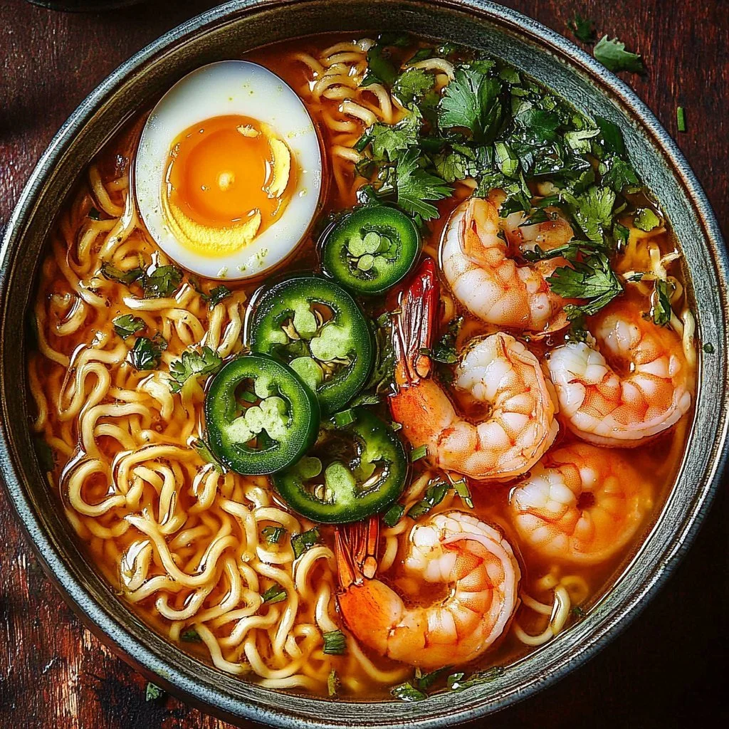 Bowl of spicy jalapeño cheddar sausage shrimp ramen garnished with green onions.