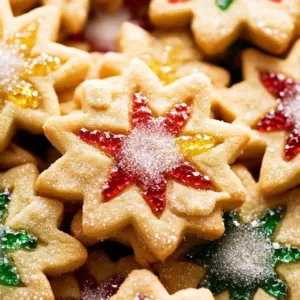Colorful stained glass sugar cookies decorated with vibrant candies.