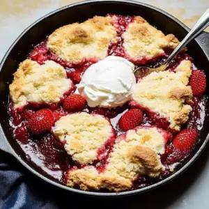 Delicious homemade strawberry cobbler with fresh strawberries and golden topping