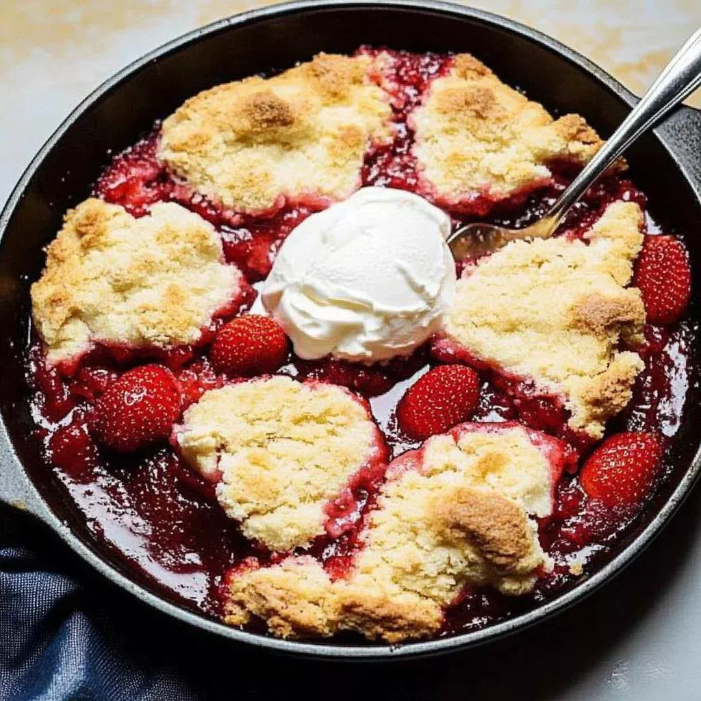 Delicious homemade strawberry cobbler with fresh strawberries and golden topping