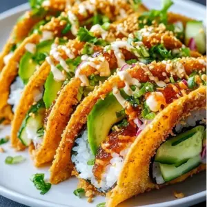 Sushi tacos featuring fresh ingredients in a crunchy shell